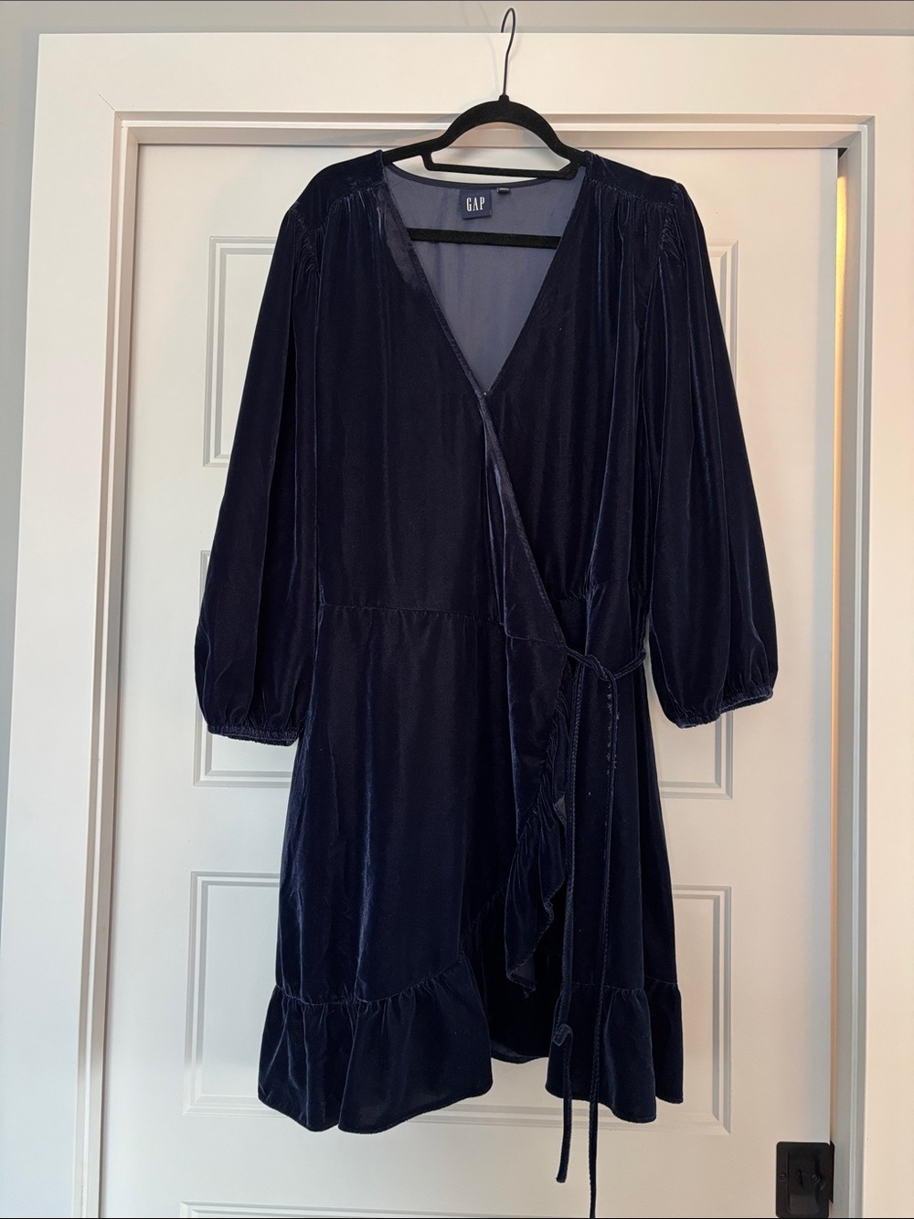 GAP Deep Navy Velvet Wrap Dress with Ruffle Hem